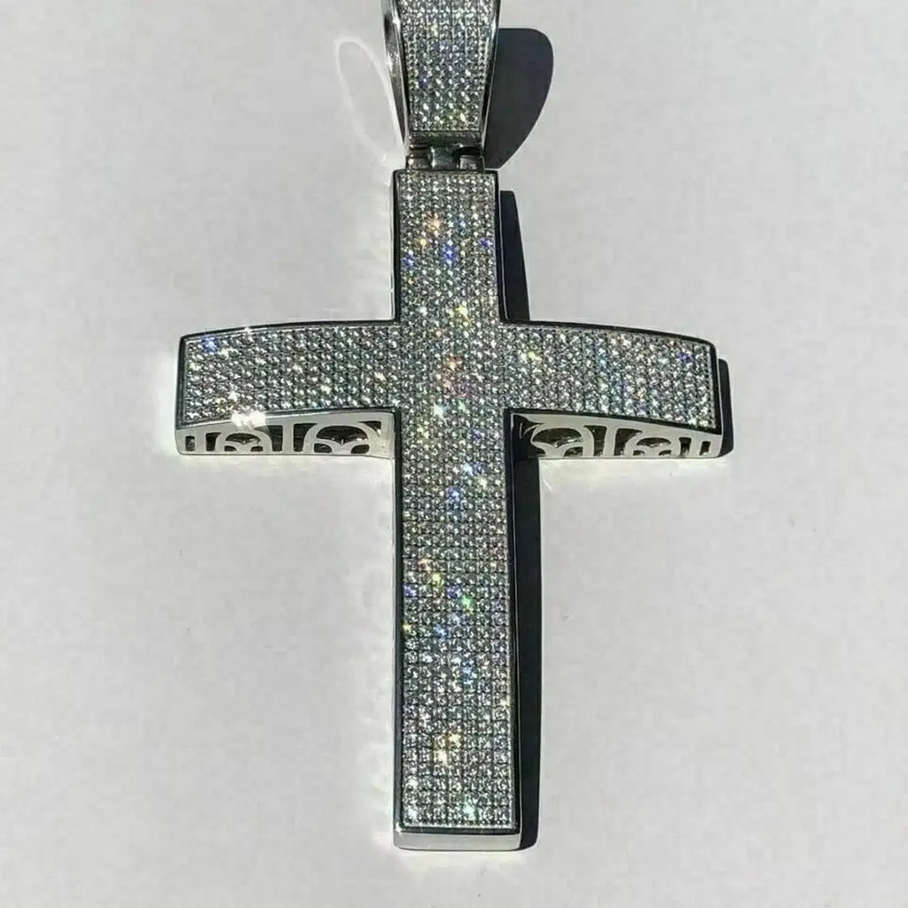 Men's 925 Sterling Silver Rhodium Plated 3.25" Solid Cross Pendant Iced Moissanite Jesus Crucifix Hip Hop Rapper Style Gift
