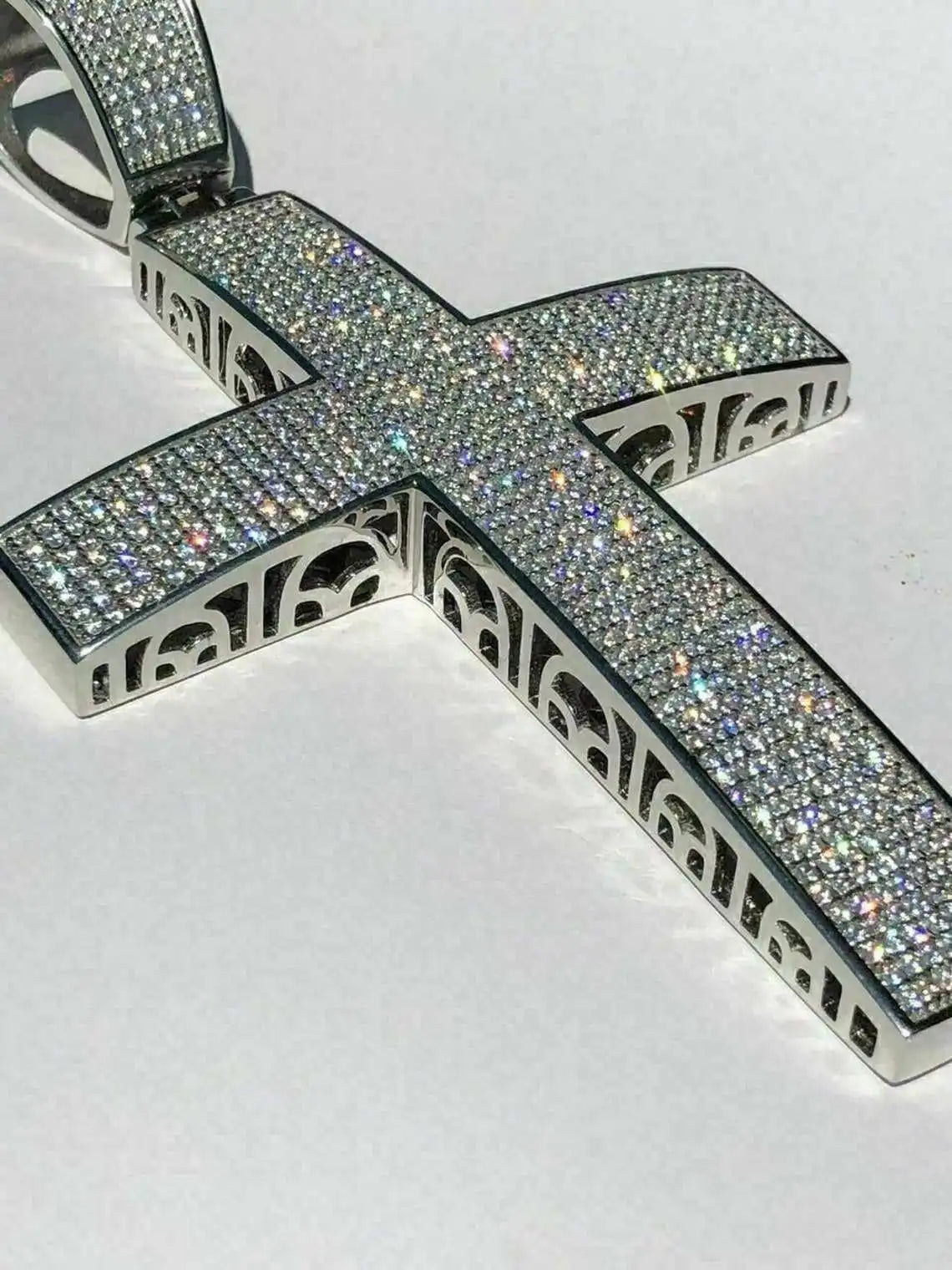 Men's 925 Sterling Silver Rhodium Plated 3.25" Solid Cross Pendant Iced Moissanite Jesus Crucifix Hip Hop Rapper Style Gift