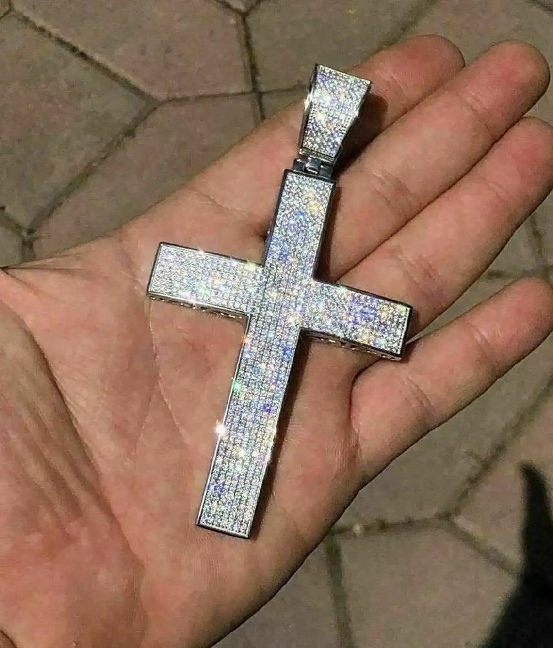 Men's 925 Sterling Silver Rhodium Plated 3.25" Solid Cross Pendant Iced Moissanite Jesus Crucifix Hip Hop Rapper Style Gift
