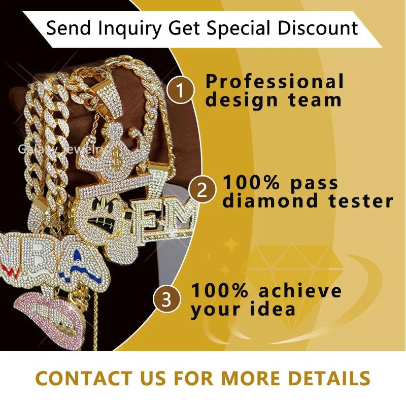 Trendy Iced Out Pendant 925 Sterling Silver Gold Plated Bling Hip Hop Jewelry Moissanite Cross Pendant Necklace