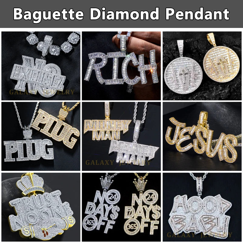 Hiphop Jewelry Custom Men 925 Solid Silver Iced Out VVS Diamond Moissanite Big Disc Name Letter Pendant for Tennis Cuban Chain