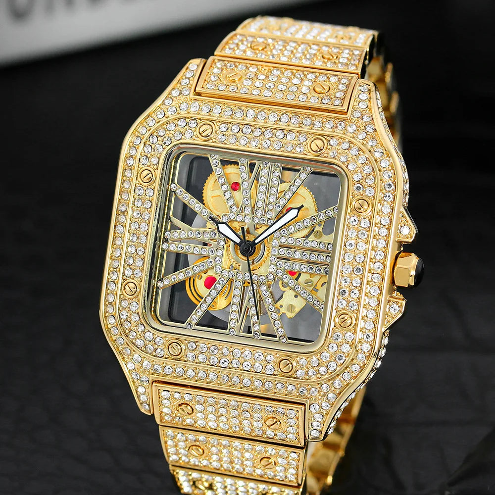 Original Brand Hollow Out Hip Hop Jewelry Watch Square Design Luxury Skeleton Diamond Watch for Men