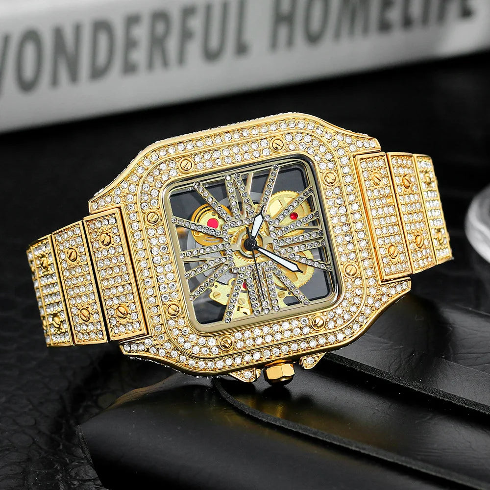 Original Brand Hollow Out Hip Hop Jewelry Watch Square Design Luxury Skeleton Diamond Watch for Men