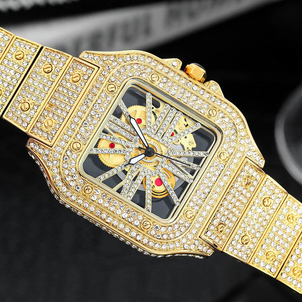Original Brand Hollow Out Hip Hop Jewelry Watch Square Design Luxury Skeleton Diamond Watch for Men