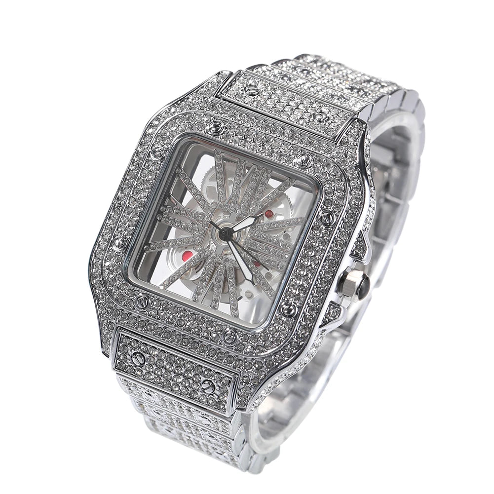 UWIN Hip Hop Skeleton Watch Hollow Out Square Quartz Wrist Watch Daily Waterproof Clock for Women Men