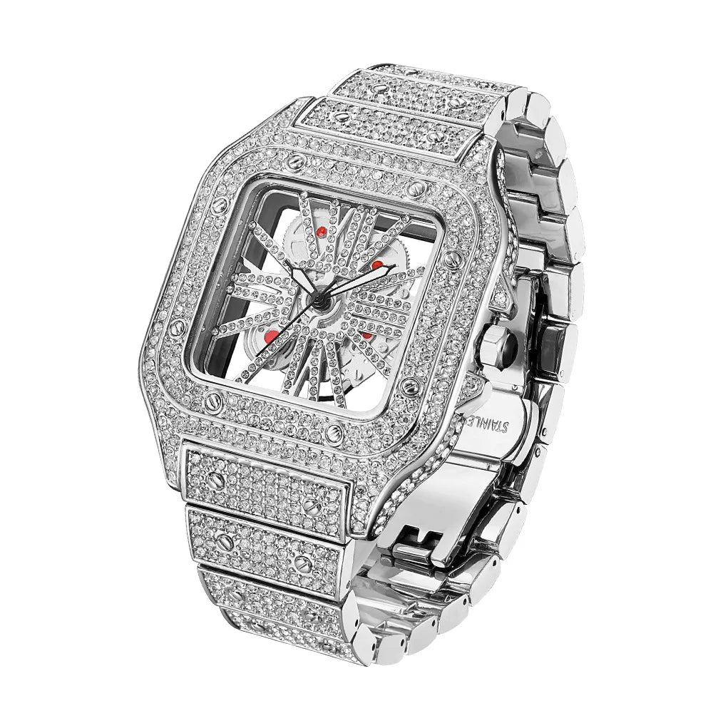 Original Brand Hollow Out Hip Hop Jewelry Watch Square Design Luxury Skeleton Diamond Watch for Men