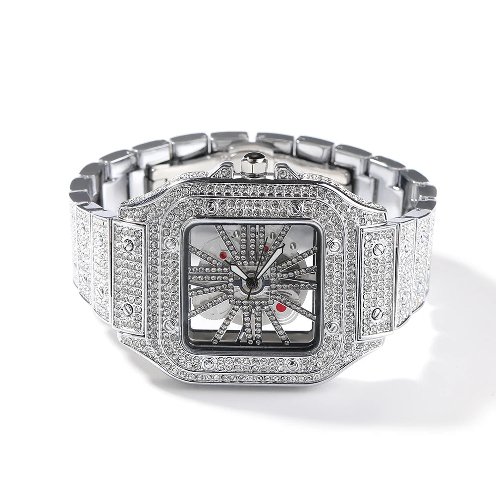 UWIN Hip Hop Skeleton Watch Hollow Out Square Quartz Wrist Watch Daily Waterproof Clock for Women Men