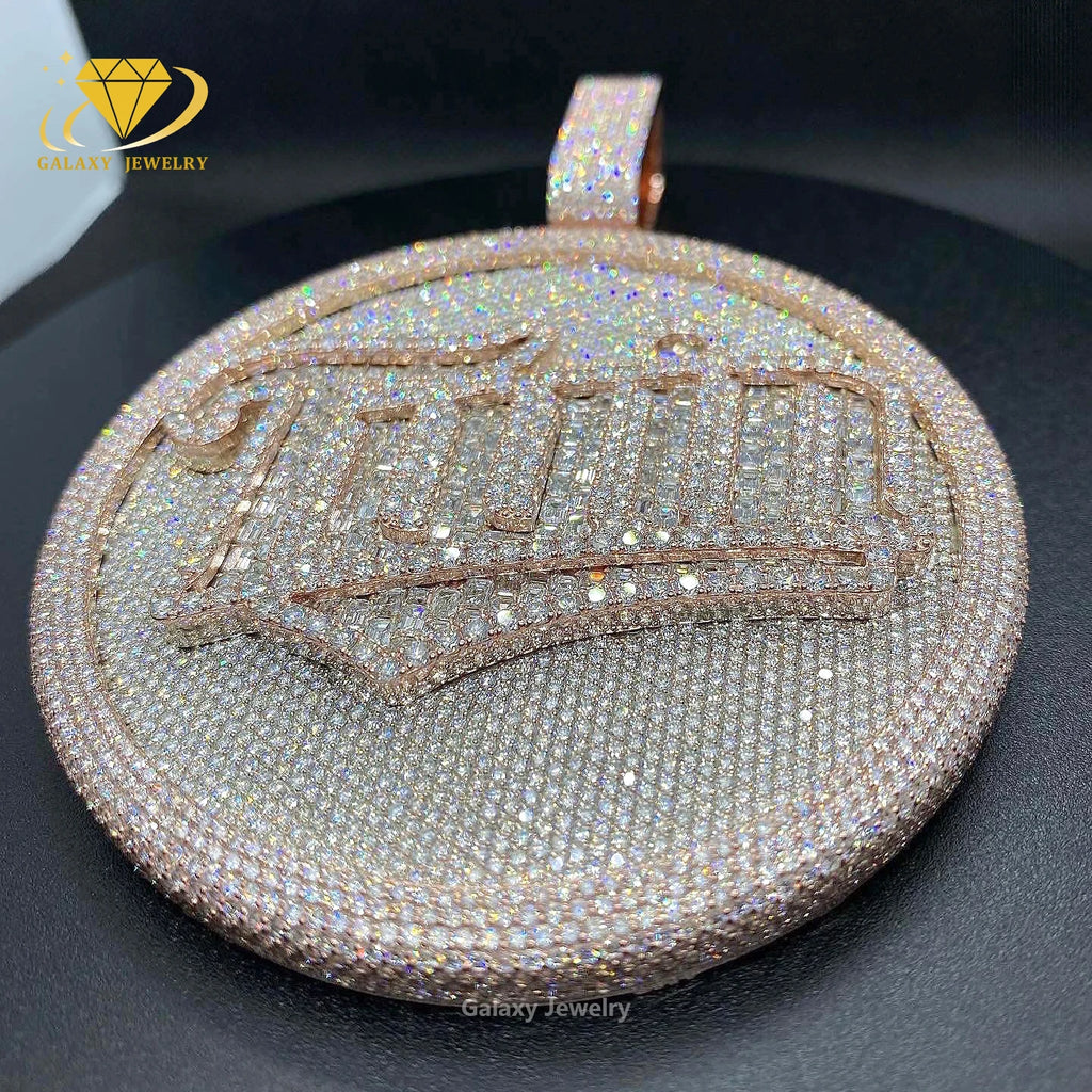 Hiphop Jewelry Custom Men 925 Solid Silver Iced Out VVS Diamond Moissanite Big Disc Name Letter Pendant for Tennis Cuban Chain