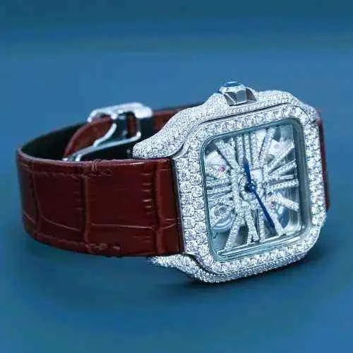 VVS Moissanite Diamond Gold Color Bezel Mechanical Watch Japanese Miyota Automatic Movement Genuine Leather Straps Luxury Watch