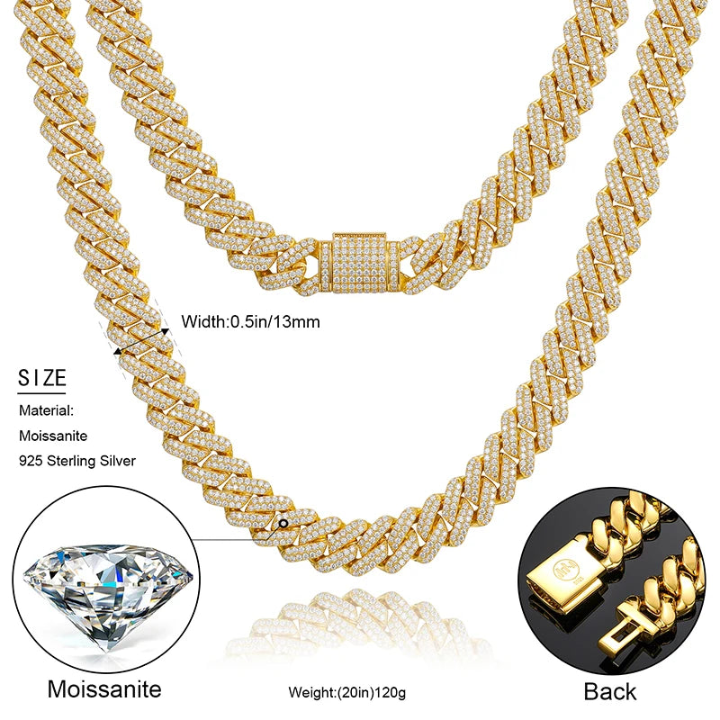 14mm S925 Sterling Silver VVS1 Moissanite Diamond Cuban Link Chain Necklace For Men Hip Hop Jewelry Miami Unisex Party Gift