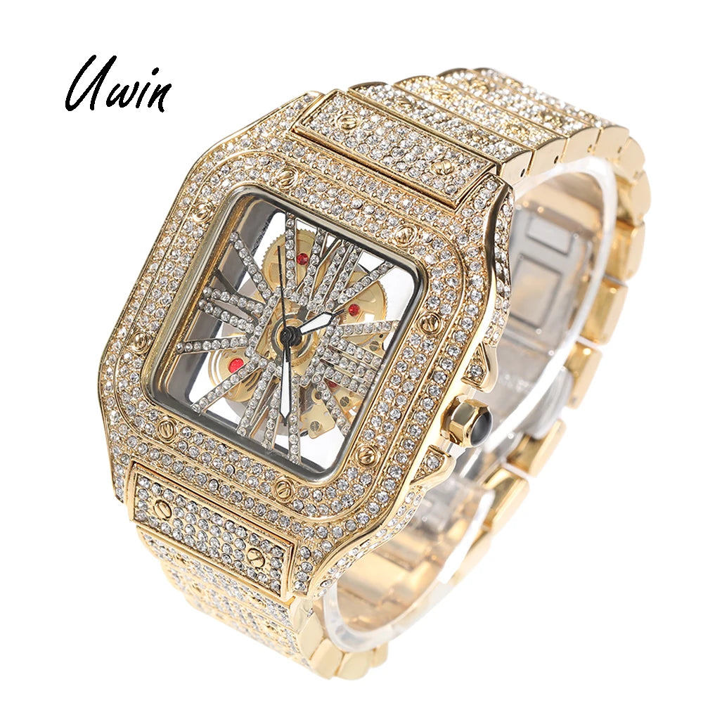 UWIN Hip Hop Skeleton Watch Hollow Out Square Quartz Wrist Watch Daily Waterproof Clock for Women Men