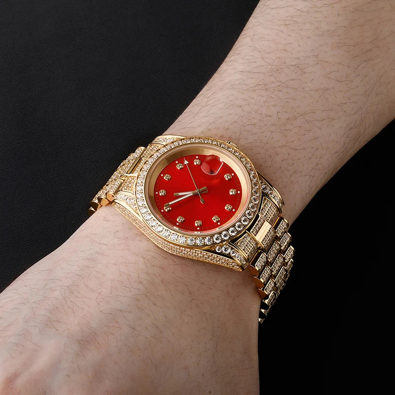 Hip Hop Bling Iced Out Stainless Steel Luminous Watch Date Quartz Wrist Waterproof Watches  for Men Rapper Jewelry Gift