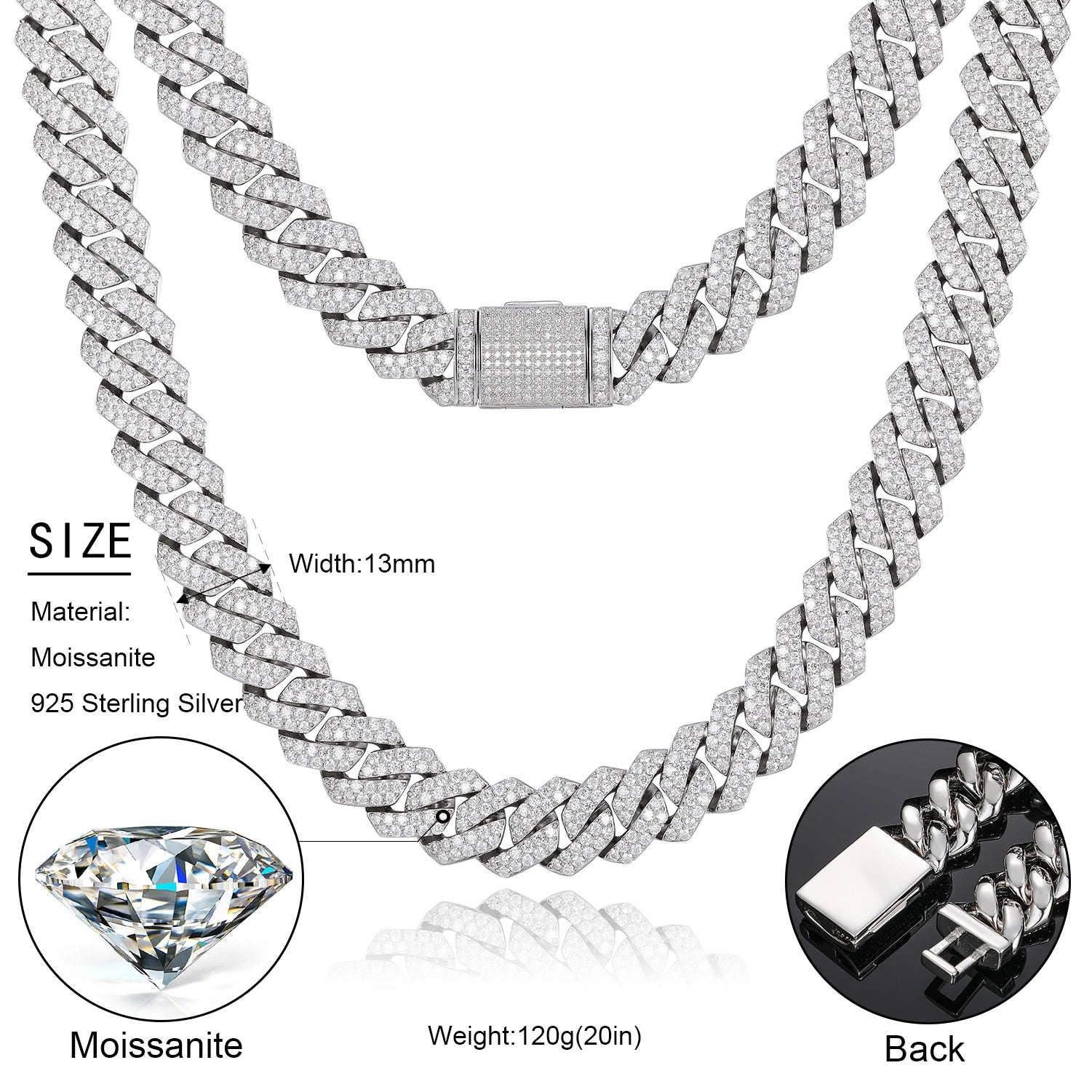 14mm S925 Sterling Silver VVS1 Moissanite Diamond Cuban Link Chain Necklace For Men Hip Hop Jewelry Miami Unisex Party Gift