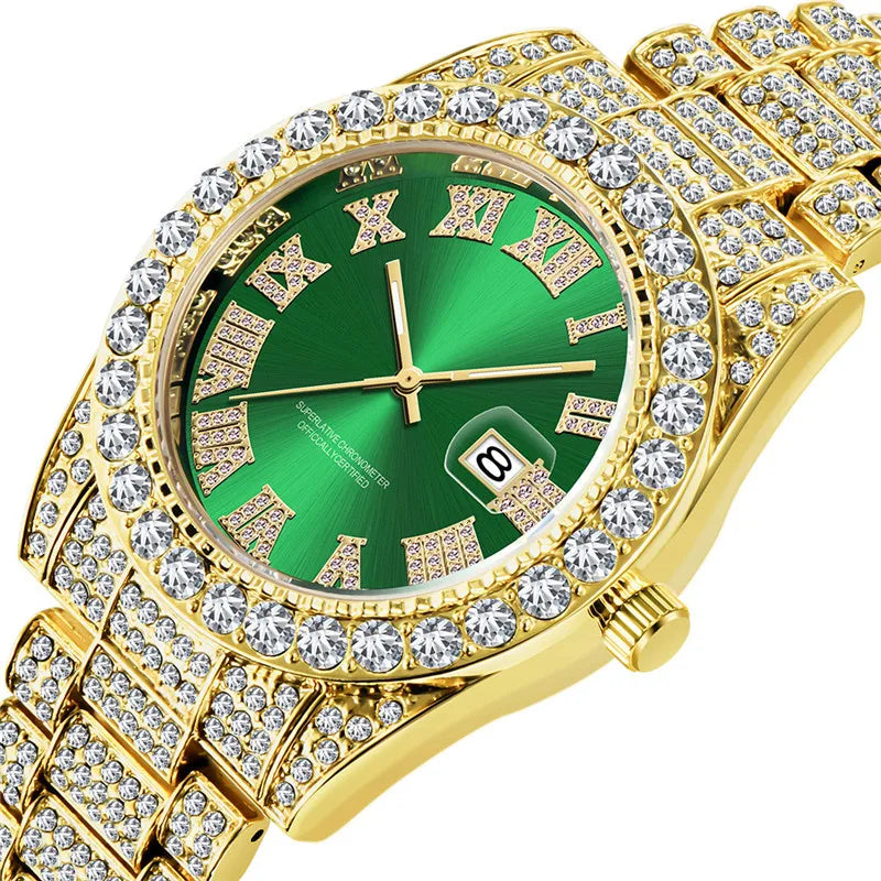 Original Men Brand 3582 Luxury Golden Watches Hip Hop Full Diamond Date Gifts Quartz Wristwatch Montres de Marque de Luxe 2024