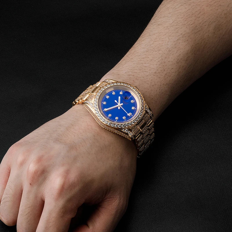 Hip Hop Mens Date Quartz Watch Waterproof Watches CZ Stone Paved Bling Iced Out Stainless Steel Watch for Men Charm Jewelry