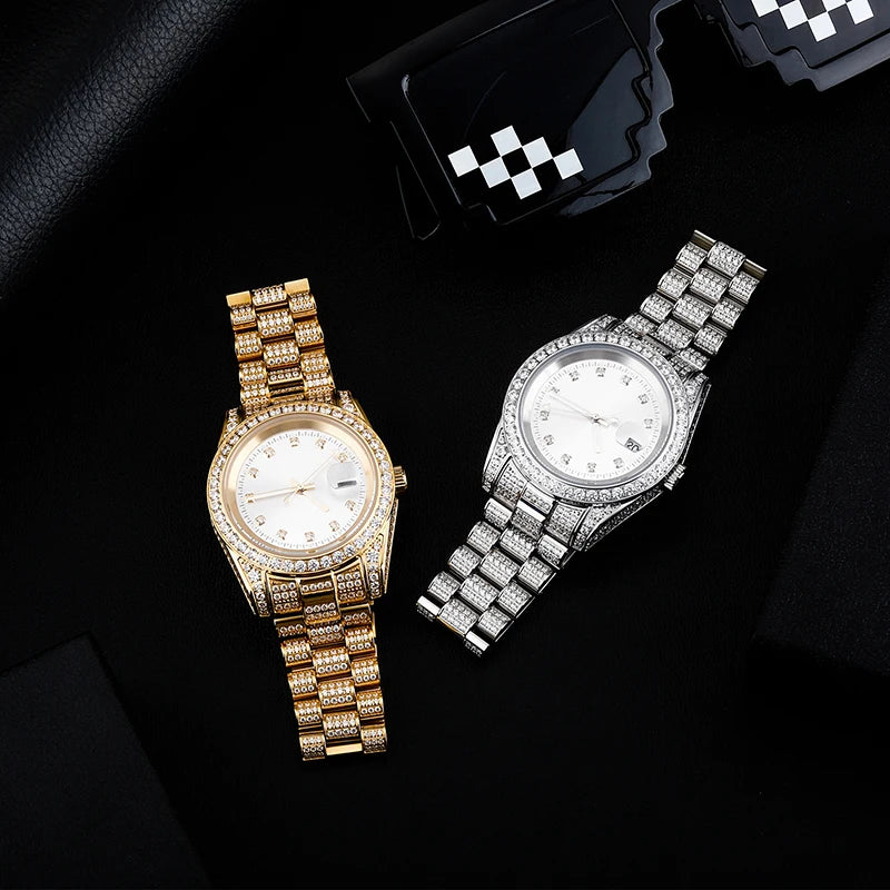 Hip Hop Bling Iced Out Stainless Steel Luminous Watch Date Quartz Wrist Waterproof Watches  for Men Rapper Jewelry Gift
