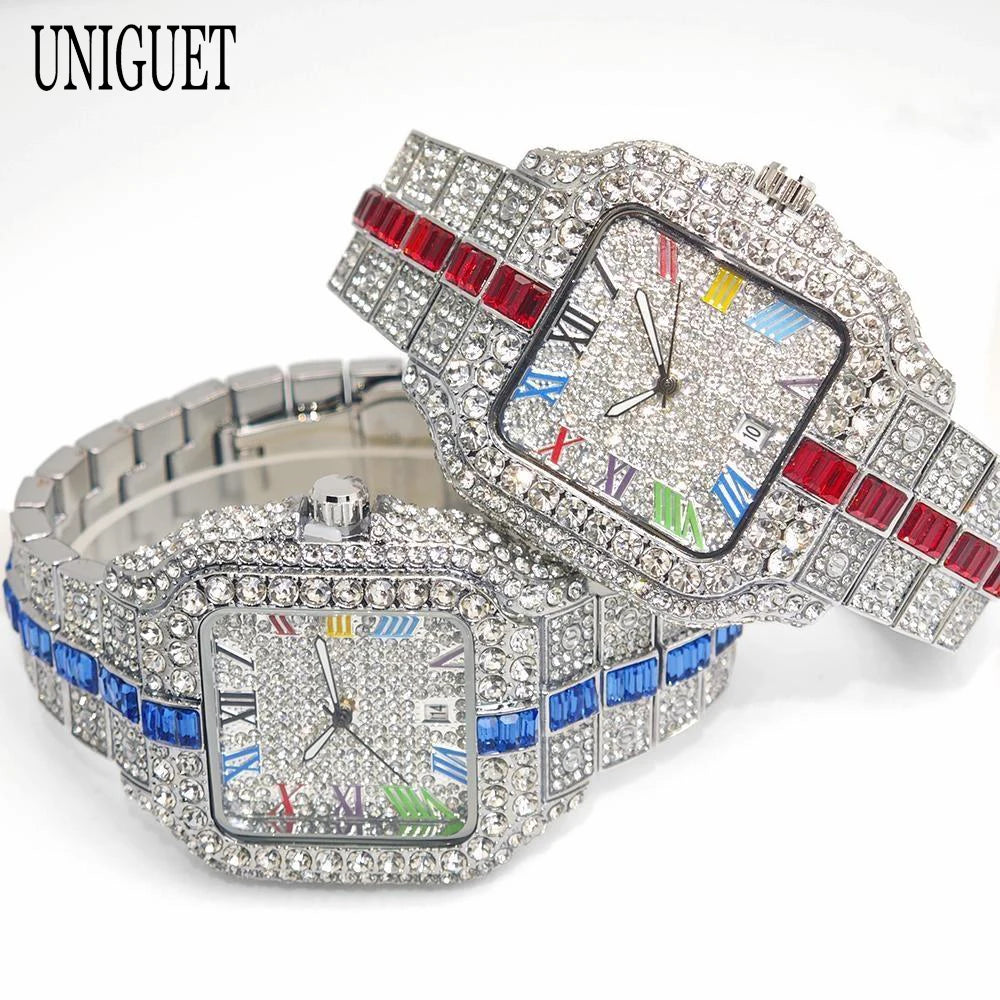 2025 Luxury Brand Men Quartz Watch Fashion Rainbow Digital Rome Dial Calendar Waterproof Hip Hop Diamond Wristwatch For Man Gift