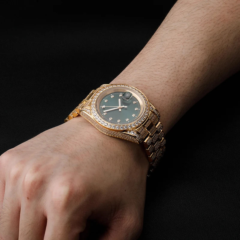 Hip Hop Bling Iced Out Stainless Steel Luminous Watch Date Quartz Wrist Waterproof Watches  for Men Rapper Jewelry Gift