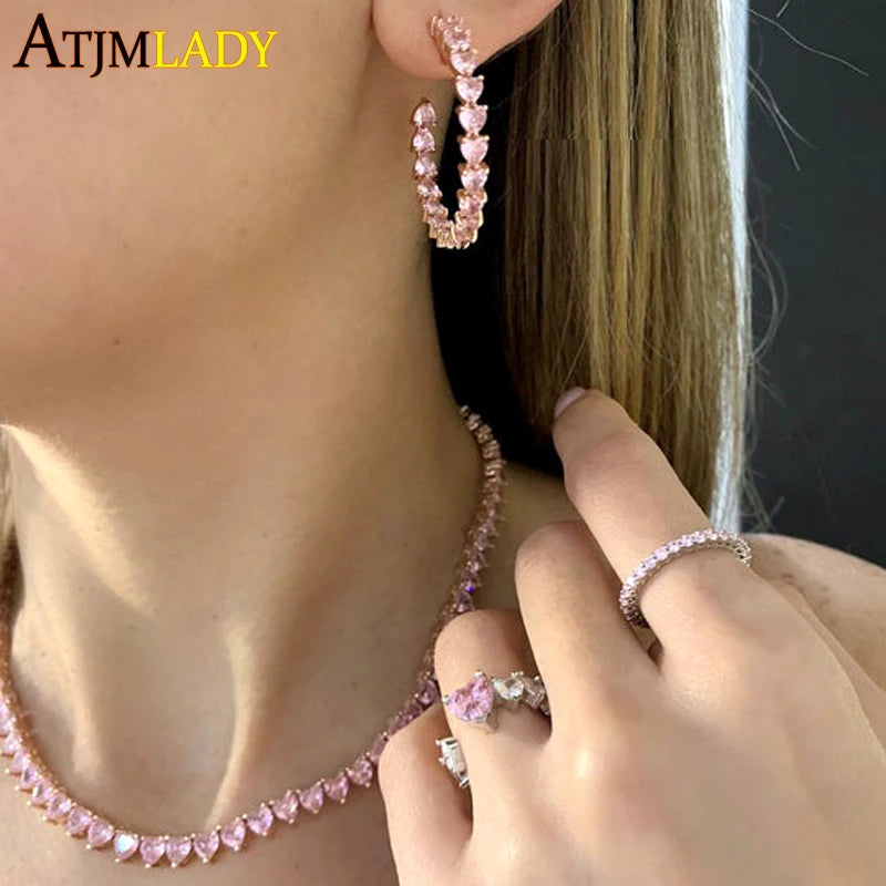 Wholesale 5A Heart Shaped Iced Out Bling Pink White CZ Tennis Chain Necklace for Women Girlfriend Valentine's Fashion Jewelry
