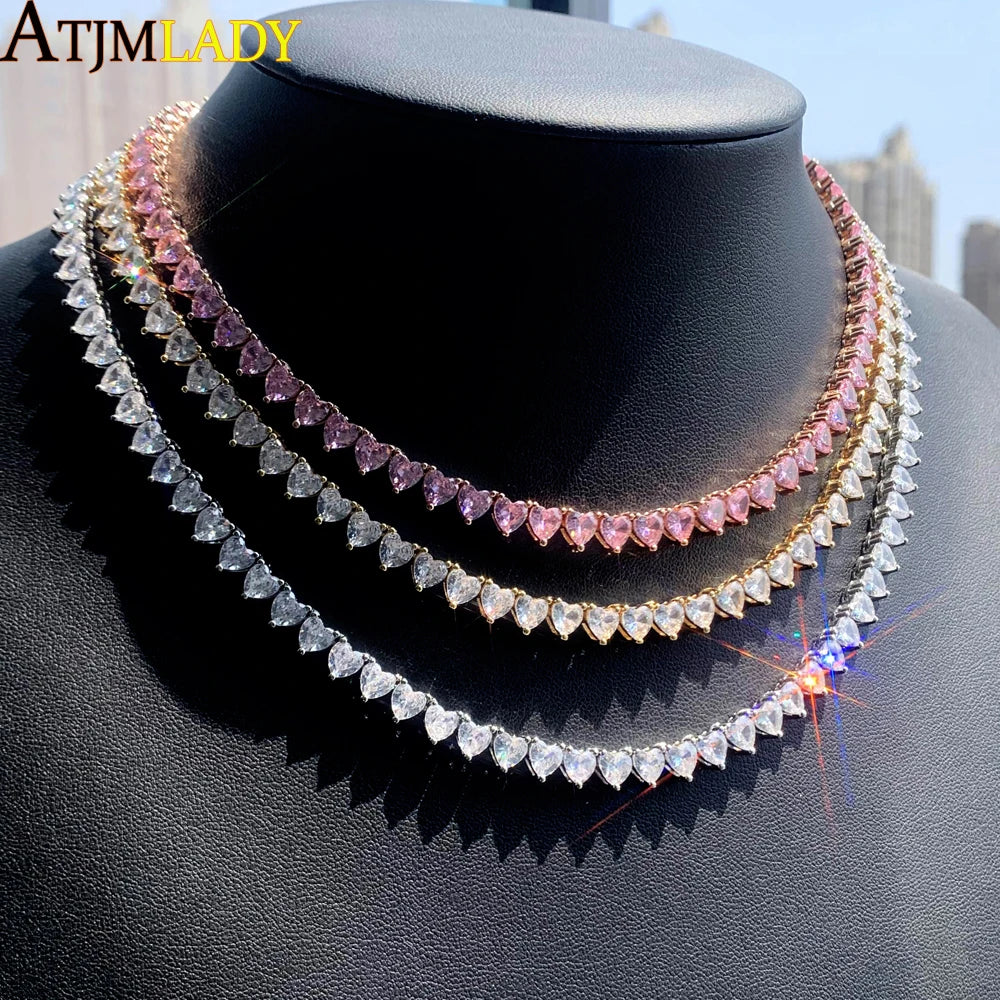 Wholesale 5A Heart Shaped Iced Out Bling Pink White CZ Tennis Chain Necklace for Women Girlfriend Valentine's Fashion Jewelry