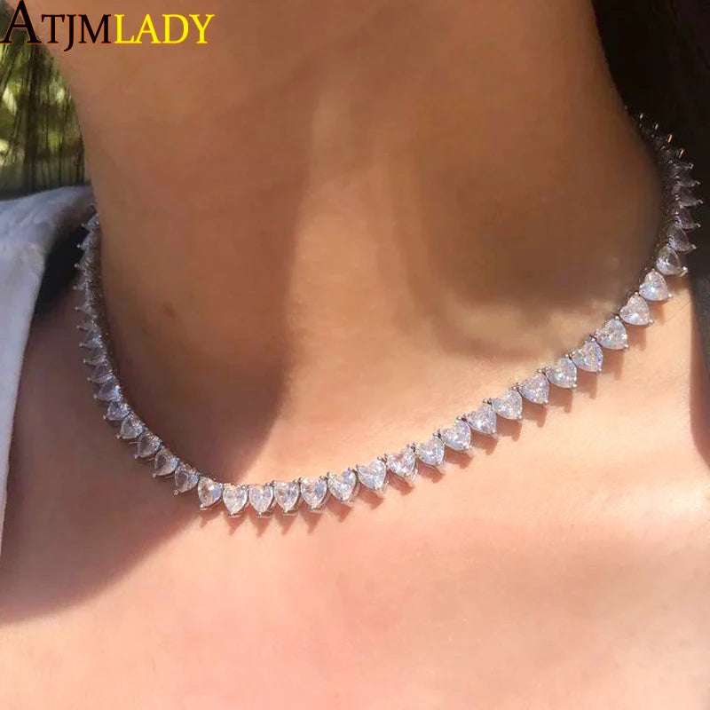 Wholesale 5A Heart Shaped Iced Out Bling Pink White CZ Tennis Chain Necklace for Women Girlfriend Valentine's Fashion Jewelry