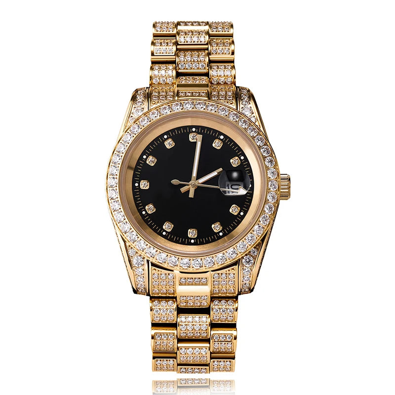 Hip Hop Mens Date Quartz Watch Waterproof Watches CZ Stone Paved Bling Iced Out Stainless Steel Watch for Men Charm Jewelry