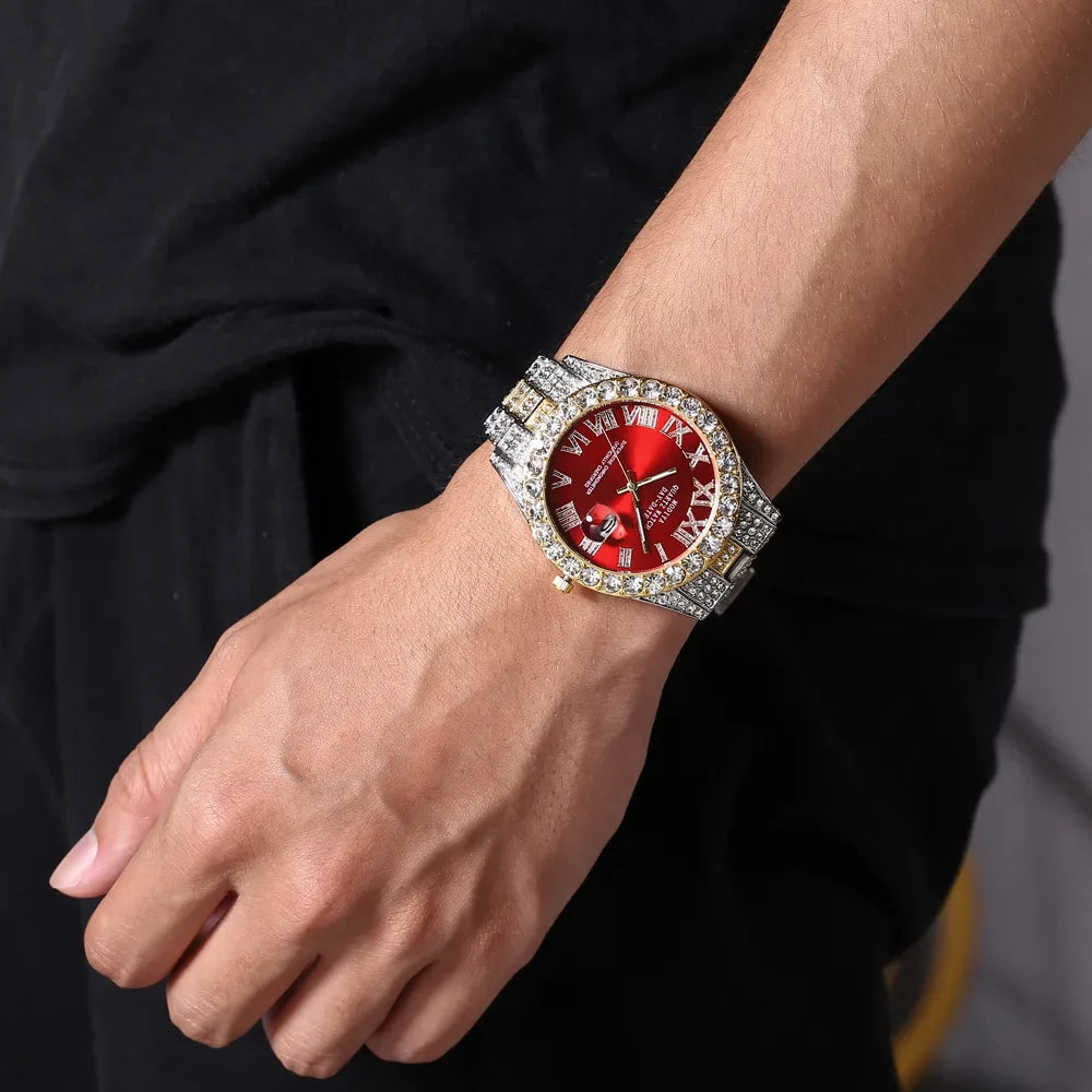 Hot Sale Diamond Bling Watch Men Gold Color Luxury Gift Quartz Watches Male Clock Dropshipping  Rhinestone Calendar Wristwatch