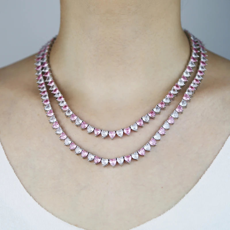 Wholesale 5A Heart Shaped Iced Out Bling Pink White CZ Tennis Chain Necklace for Women Girlfriend Valentine's Fashion Jewelry
