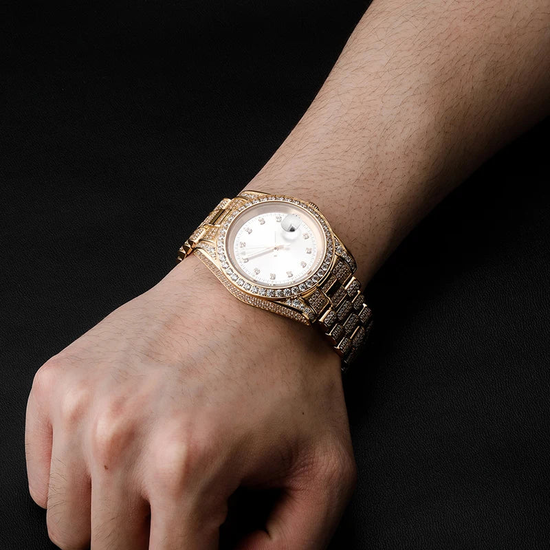 Hip Hop Mens Date Quartz Watch Waterproof Watches CZ Stone Paved Bling Iced Out Stainless Steel Watch for Men Charm Jewelry