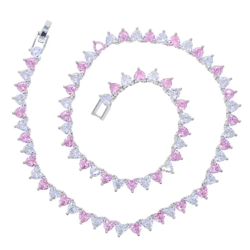 Wholesale 5A Heart Shaped Iced Out Bling Pink White CZ Tennis Chain Necklace for Women Girlfriend Valentine's Fashion Jewelry