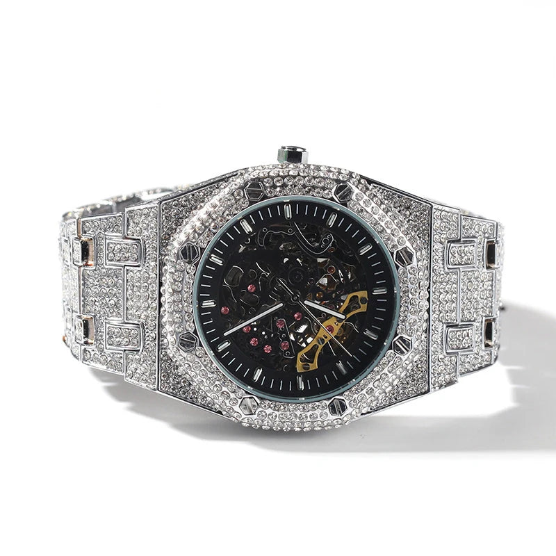 Hip Hop Bling Iced Out Stainless Steel Luminous Watch Date Quartz Wrist Waterproof Watches  for Men Rapper Jewelry Gift