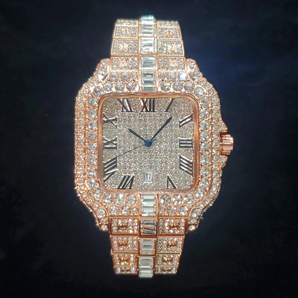 Luxurious Full Diamond Watch For Men Popular Rose Gold Iced Out Quarz Watches Fashion Hip Hop Jewelry Reloj Hombre Dropshipping
