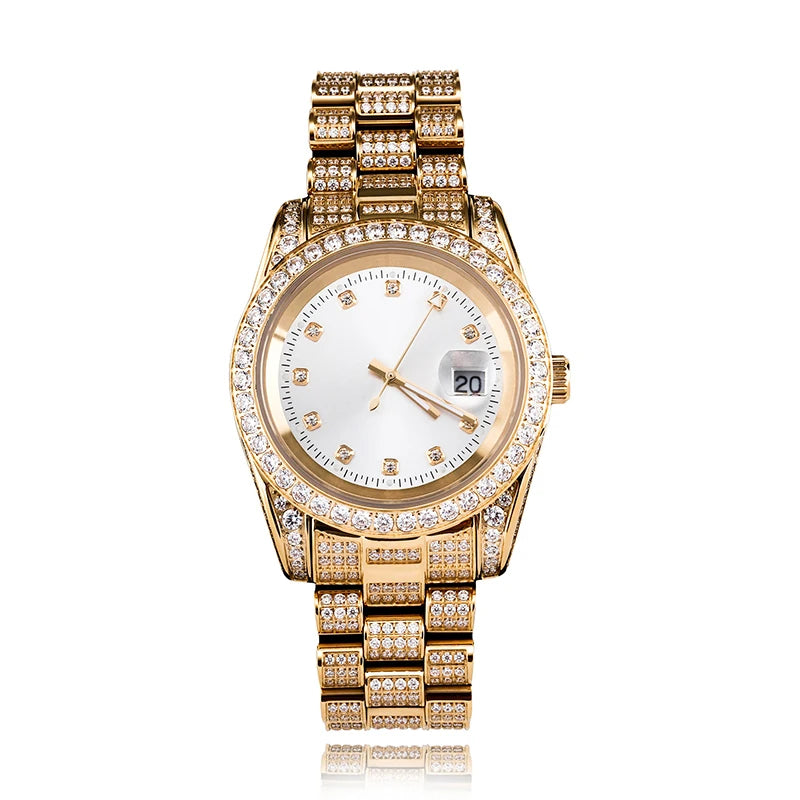 Hip Hop Mens Date Quartz Watch Waterproof Watches CZ Stone Paved Bling Iced Out Stainless Steel Watch for Men Charm Jewelry