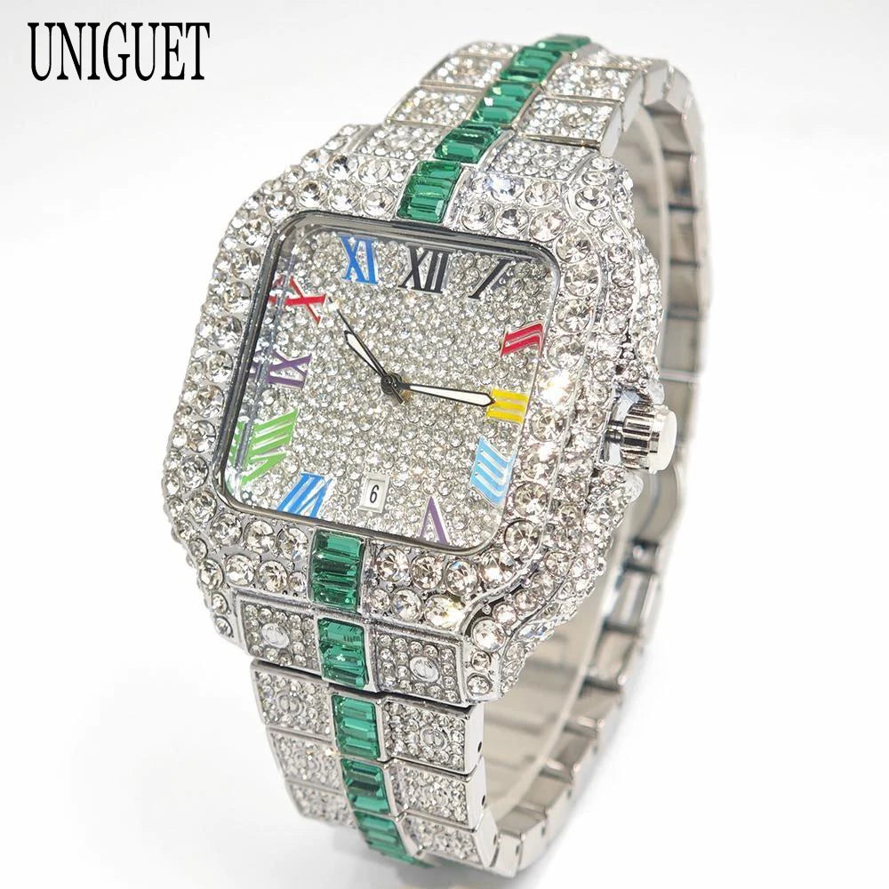 2025 Luxury Brand Men Quartz Watch Fashion Rainbow Digital Rome Dial Calendar Waterproof Hip Hop Diamond Wristwatch For Man Gift