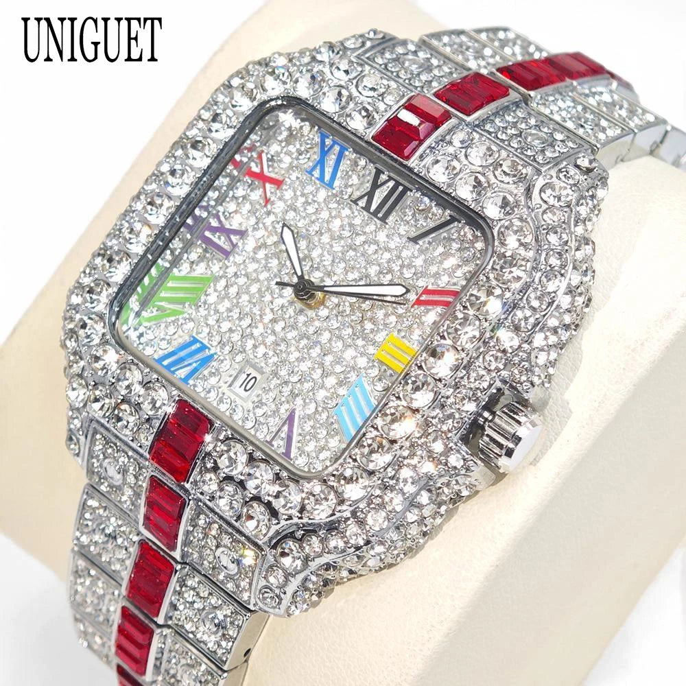 2025 Luxury Brand Men Quartz Watch Fashion Rainbow Digital Rome Dial Calendar Waterproof Hip Hop Diamond Wristwatch For Man Gift