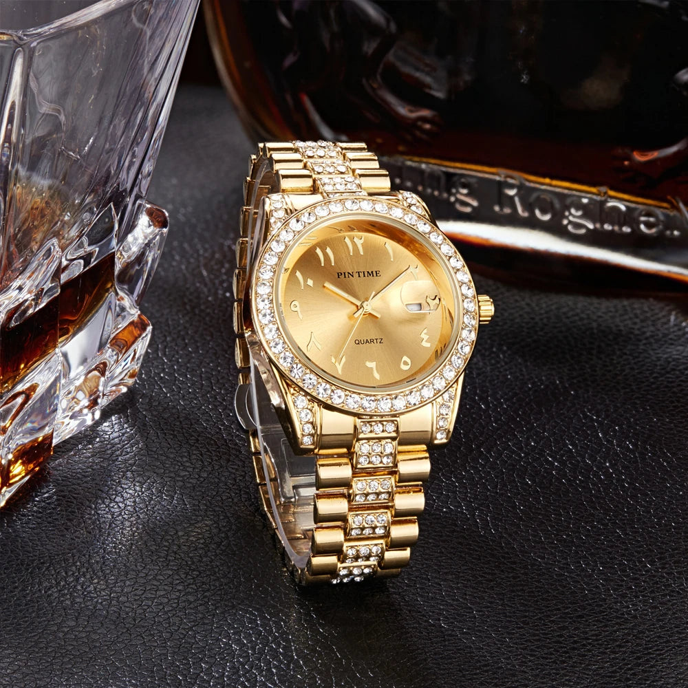 New Business Gentleman's Watch with Single-Fold Clasp Water-Resistant Date Display Luxury Diamond-Set Men's Quartz Timepiece