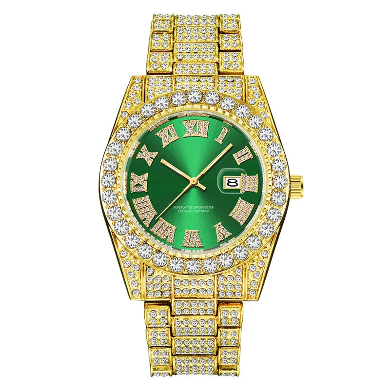 Original Men Brand 3582 Luxury Golden Watches Hip Hop Full Diamond Date Gifts Quartz Wristwatch Montres de Marque de Luxe 2024