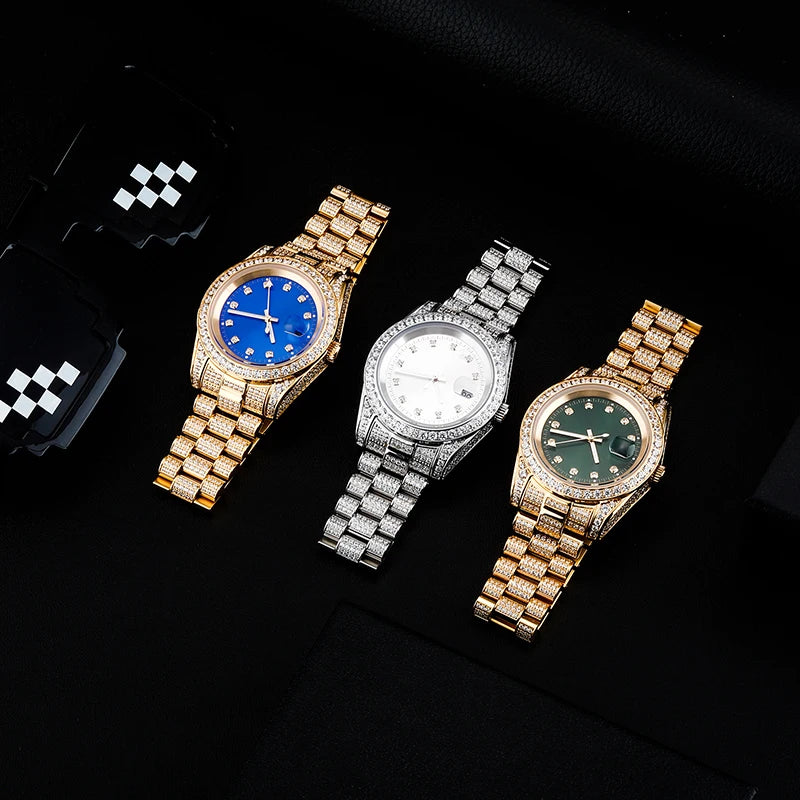 Hip Hop Bling Iced Out Stainless Steel Luminous Watch Date Quartz Wrist Waterproof Watches  for Men Rapper Jewelry Gift