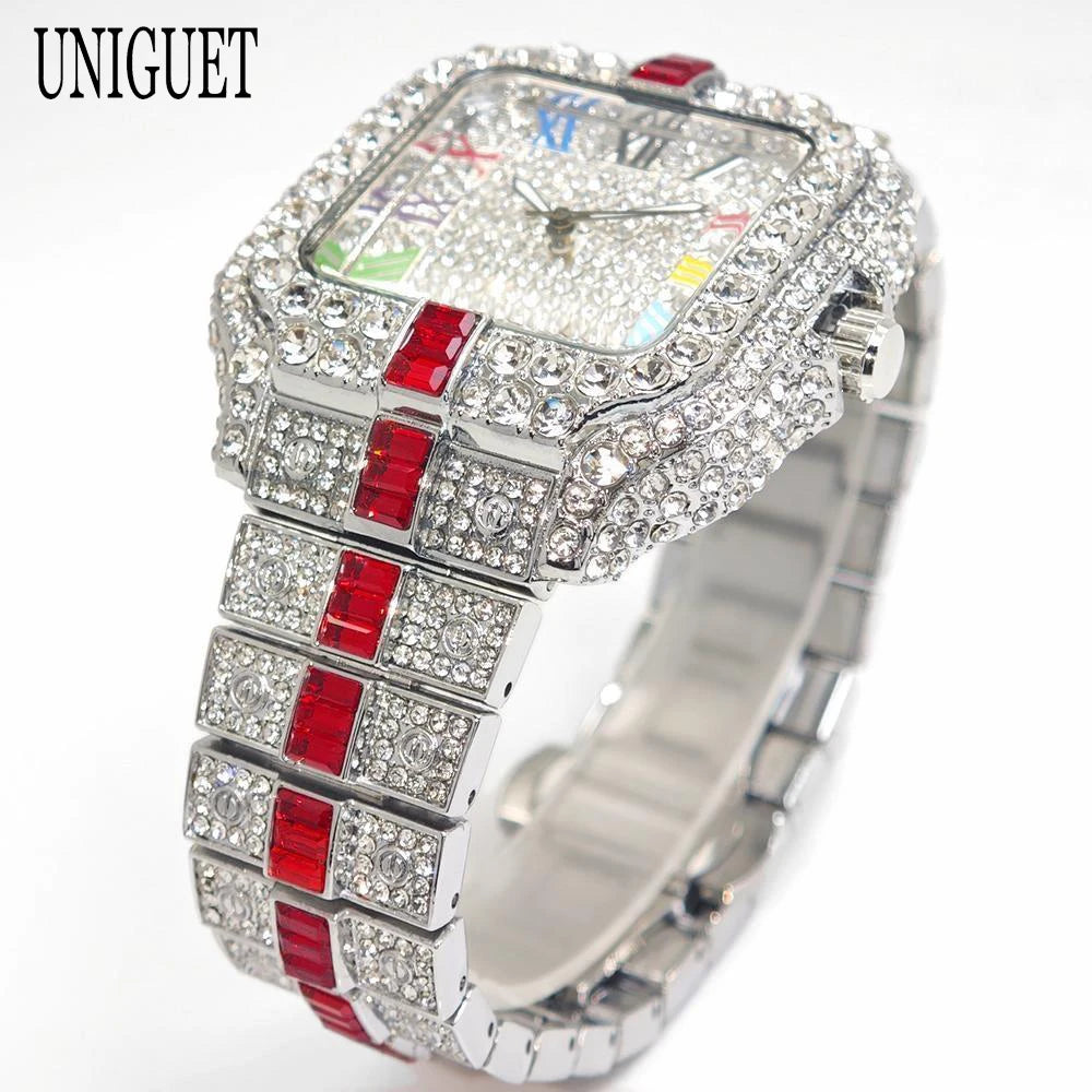 2025 Luxury Brand Men Quartz Watch Fashion Rainbow Digital Rome Dial Calendar Waterproof Hip Hop Diamond Wristwatch For Man Gift