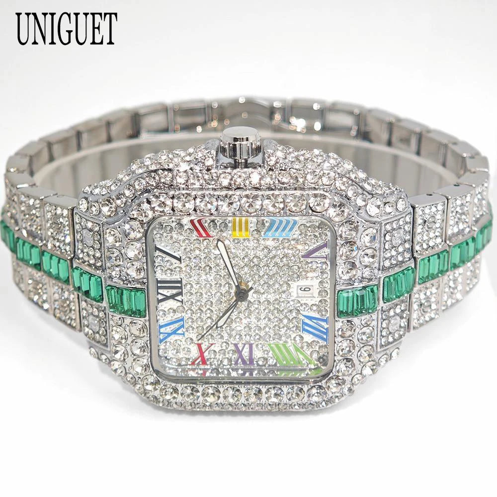2025 Luxury Brand Men Quartz Watch Fashion Rainbow Digital Rome Dial Calendar Waterproof Hip Hop Diamond Wristwatch For Man Gift