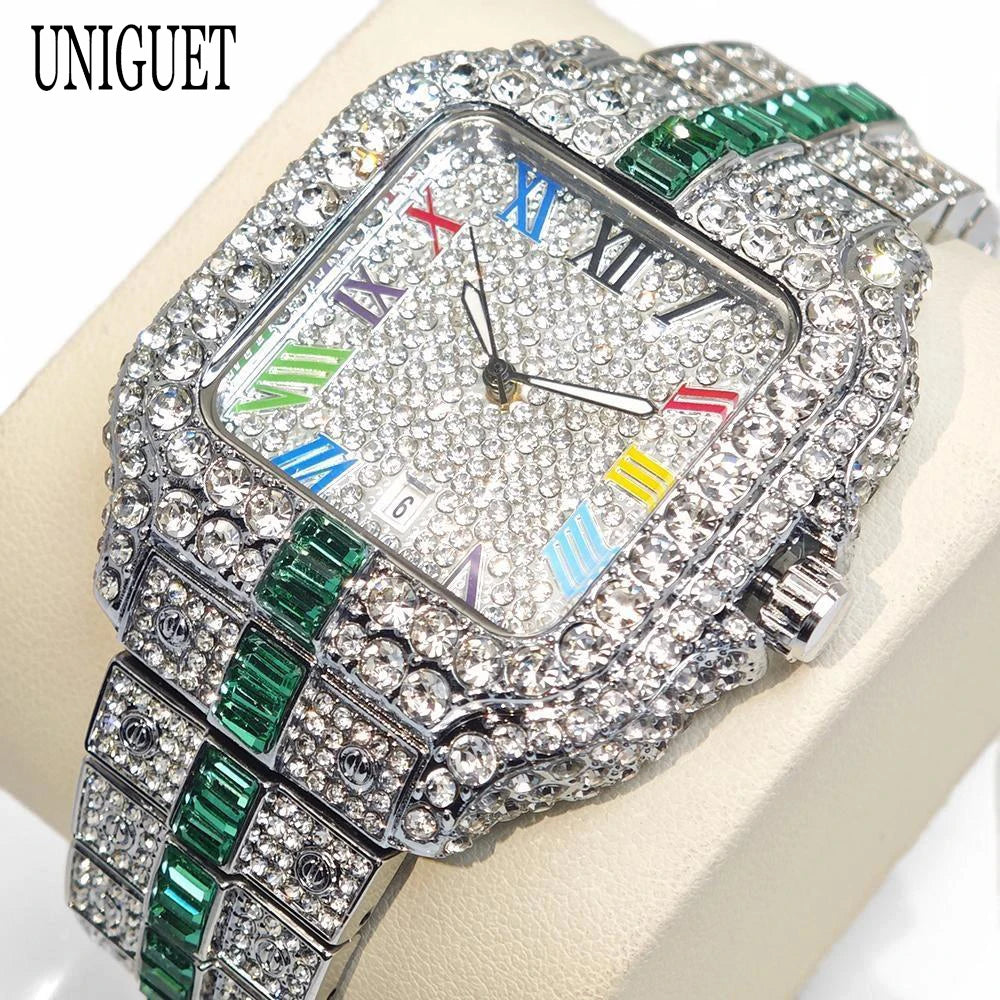 2025 Luxury Brand Men Quartz Watch Fashion Rainbow Digital Rome Dial Calendar Waterproof Hip Hop Diamond Wristwatch For Man Gift