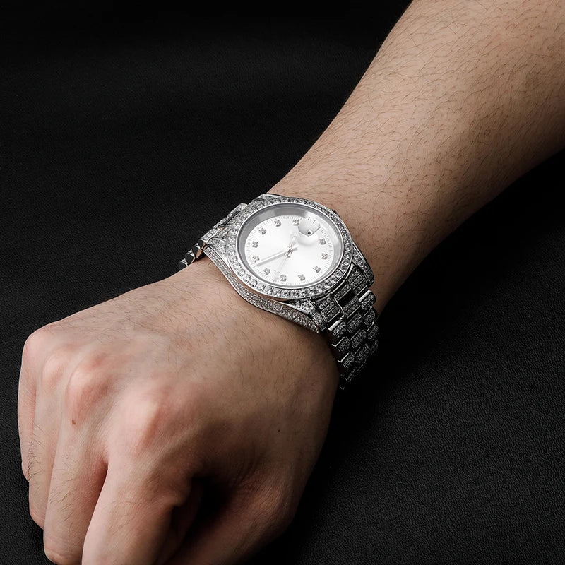 Hip Hop Mens Date Quartz Watch Waterproof Watches CZ Stone Paved Bling Iced Out Stainless Steel Watch for Men Charm Jewelry