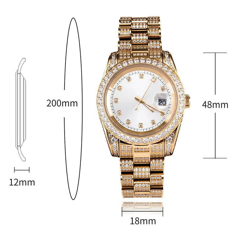 Hip Hop Bling Iced Out Stainless Steel Luminous Watch Date Quartz Wrist Waterproof Watches  for Men Rapper Jewelry Gift